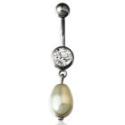 Belly button body jewelry piercing with an attached elongated artificial pearl