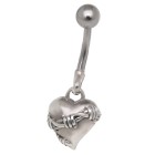 Belly button piercing 1.6x10mm with a moving heart design surrounded by barbed wire