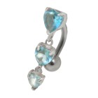 Belly button piercing 1.6x10mm with hanging and heart crystals, aqua