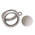 Round medallion pendant BIG made of stainless steel silver polished with crystals and chain