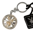 PLAYBOY silver-plated key ring with rotating white rabbit head and crystals