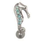Navel piercing with 925 silver seahorse, crystals on the body and glittering eyes