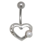Heart shaped navel piercing 1.6x10mm with crystals and an imitation pearl