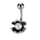 Belly button piercing with silver design shell and faux pearl