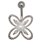 Belly piercing 1.6x10mm with a flower design with a faux pearl and small navettes