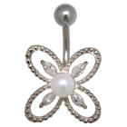 Belly piercing 1.6x10mm with a flower design with a faux pearl and small navettes