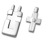 Two piece polished stainless steel cross pendant with clear crystal