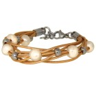 Leather bracelet sand color with white and silver faux pearls