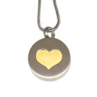 Round pendant made of high-gloss polished stainless steel with a golden heart