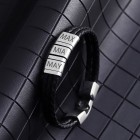 Bracelet made of black leather, three rows with 3 elements made of 316L stainless steel with individual engraving