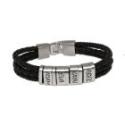 Bracelet made of black leather, three rows with 4 elements made of stainless steel with individual engraving
