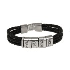 Bracelet made of black leather, three rows with 4 elements made of stainless steel with individual engraving