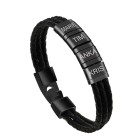Bracelet made of black leather, three rows with 4 elements made of stainless steel with individual engraving