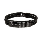 Bracelet made of black leather, three rows with 5 black elements made of stainless steel with individual engraving