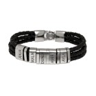 Bracelet made of black leather, three rows with 5 elements made of stainless steel with individual engraving