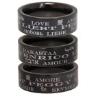 Stainless steel ring with black PVD coating 9mm wide with love in different languages and individual name engraving