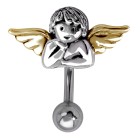 Belly button piercing angel made of steel and silver, the angel with golden wings looks at you