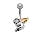 Belly button piercing angel made of steel and silver, sleeping cherub with golden wings
