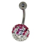 Belly button piercing with many white and pink colored crystals in an epoxy mass of 6-14mm in length