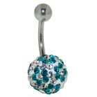Belly button piercing with many turquoise and white crystals with a flower pattern in an epoxy mass in 1.6x6mm / 1.6x8mm / 1.6x