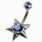 Navel piercing with pointed star and central crystal, jeweled screw-on ball