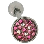 Tongue piercing made of surgical steel in 1.6x19mm with crystal stones in different shades of pink