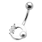 1.6x10mm navel piercing with a circle design with a faux pearl and small crystals