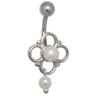 Belly button piercing 1.6x10mm with a flower design, pendant and two artificial pearls