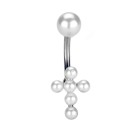 Belly piercing 1.6x10mm with a cross design and multiple faux pearls
