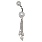 Navel piercing 1.6x10mm with two white artificial pearls and a silver chain