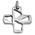 Stainless steel pendant in the shape of a cross with cutouts and a small crystal