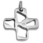 Stainless steel pendant in the shape of a cross with cutouts and a small crystal